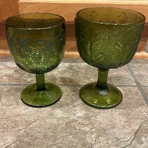 2 vintage green stemmed glasses